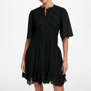 Madewell Eyelet Flutter Mini Dress 00 Black Button Front Puff Sleeve Cotton